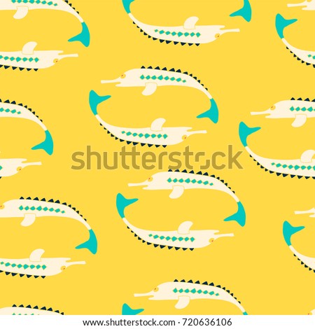 Cute sea fishes.Seamless pattern. Hand drawn cartoon style. Vector illustration.