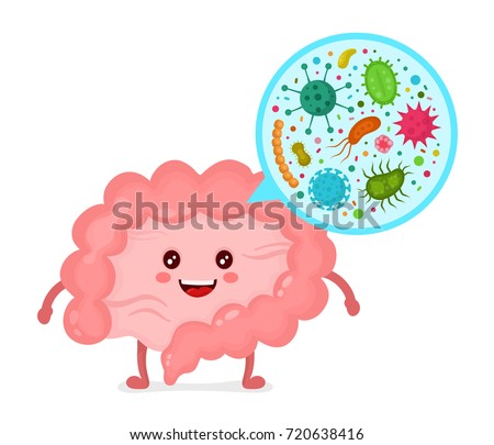 Microscopic bacterias.Microflora,viruses in Intestine.Vector flat illustration icon cartoon character.Healthy large intestine microflora.Digest,microbiome,colon,probiotic,gut,canal face Royalty-Free Stock Photo #720638416