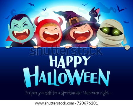 Happy Halloween Party. Group of kids in halloween costume with big signboard. In the moonlight.