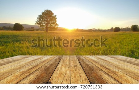 A front selective focus picture of wooden terrace beside agriculture field.