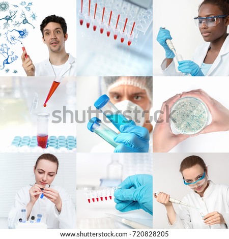 Scientists working in research facility or laboratory, set of nine pictures, including five portraits.