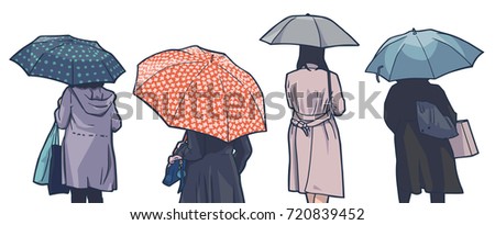 Isolated illustrations of women holding umbrellas in color