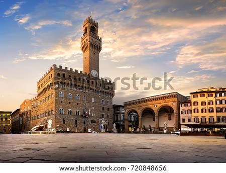 Square of Signoria in Florence at sunrise, Italy Royalty-Free Stock Photo #720848656