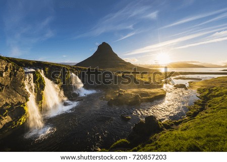Kirkjufell mountain in morning with flare of Lens,Summer, Iceland. 