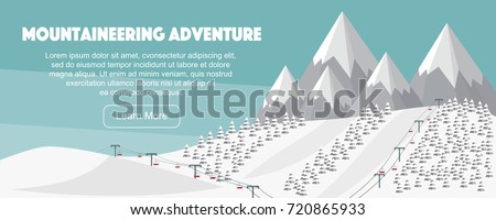 Alps, fir trees, ski lift, mountains wide panoramic background. Mountaineering adventure. Winter web banner design. Flat mountaineering, vector illustration.