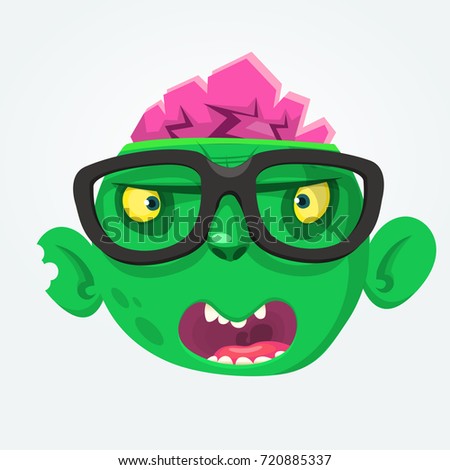 Cartoon zombie face wearing eyeglasses cartoon. Smart zombie. Halloween vector. Design for print, sticker, logo, emblem, party decoration or magazine illustration