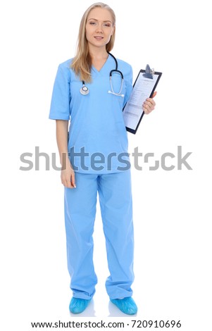 Smiling young nurse portrait isolated over white background. 