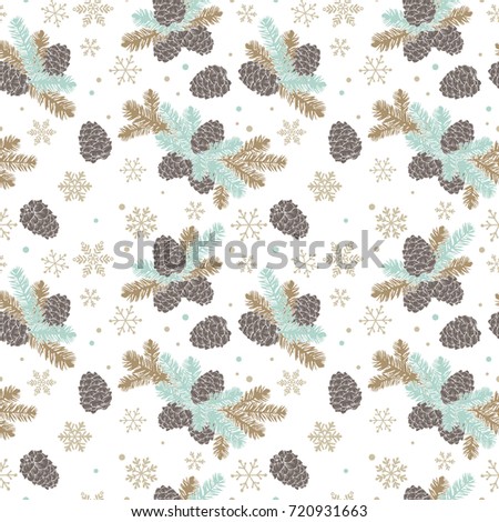 Seamless pattern Christmas tree branches with pine cones and snowflakes. New year hand drawn vector illustration for your design.