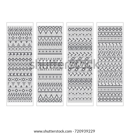 Set of four bookmarks. Black and white hand draw geometric doodle. Decorative elements for label, banner. Vector illustration.