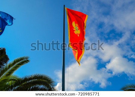 Montenegrin red flag with a two-headed eagle, against a blue sky