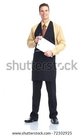 Young  smiling waiter man. Isolated over white background