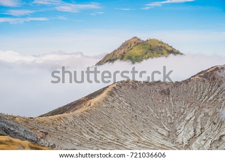 Landscape view of Kawah Ijen at Sunrise. The most famous tourist attraction in Indonesia.