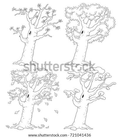 Four seasons. Spring, summer, autumn and winter. A tree in four seasons. Coloring page. Illustration for children