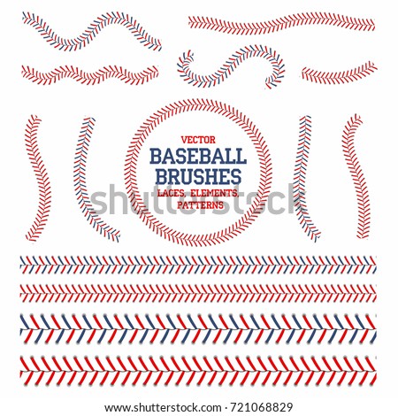 Baseball laces set. Baseball seam brushes. Red and blue stitches, laces for baseball ball decoration. Vector