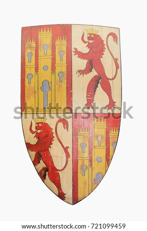 Royal Coat of Arms of the Crown of Castile (15th Century): Pair of Castle buildings and Lions in white, red and yellow colors. Spanish old shield emblem isolated on white copyspace background. 