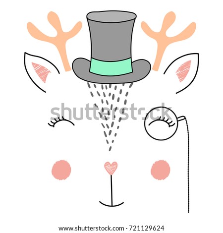 Hand drawn vector illustration of a cute funny deer face in a top hat and monocle. Isolated objects on white background. Design concept for children.