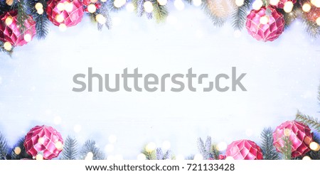 Christmas Ornament On Wooden Background With Snowflakes, Greeting card Merry Christmas and Happy New Year