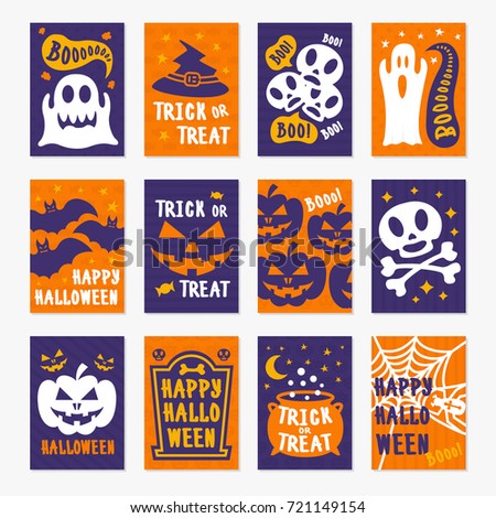Happy halloween greeting cards set color on background with skull, pumpkin, spider, bat for decoration holiday party, poster, greeting card. Vector Illustration
