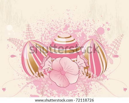 Three decorated pink and dark gold easter eggs on a grunge floral background