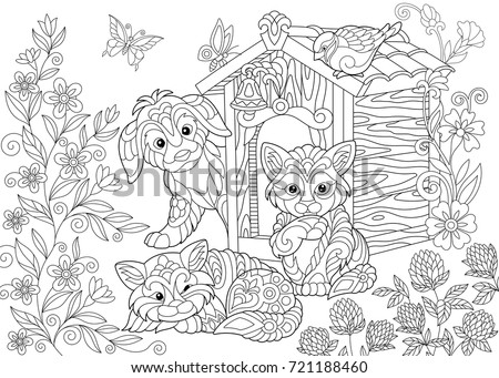 Coloring page of dog, two cats, sparrow bird and butterflies. Freehand sketch drawing for adult antistress coloring book in zentangle style.