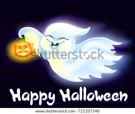funny cartoon little ghost with pumpkin lantern flies. symbol holiday halloween