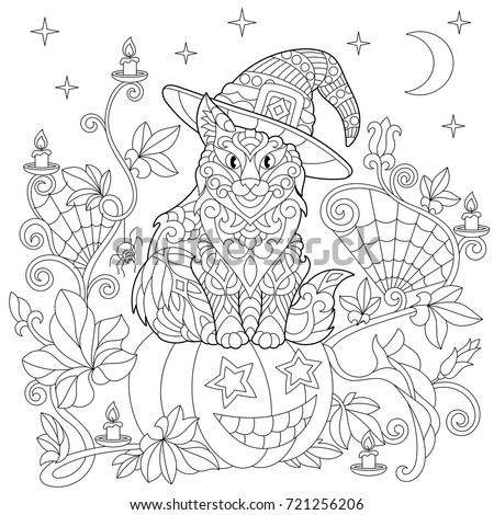 Halloween coloring page. Cat in a hat, halloween pumpkin, spider web, lanterns with candles, moon and stars. Freehand sketch drawing for adult antistress coloring book in zentangle style.