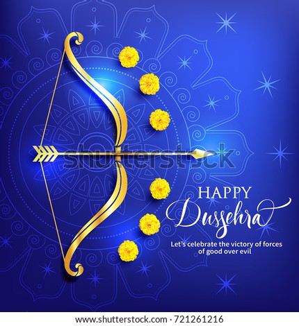 Greeting card with bow and arrow for Navratri festival with lettering Dussehra (Hindu holiday Vijayadashami). Vector illustration. Royalty-Free Stock Photo #721261216