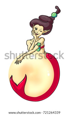 Cute vector mermaid girl illustration with pearl, t-shirt and poster design, hand drawn and isolated on white background. Cartoon kids character.  