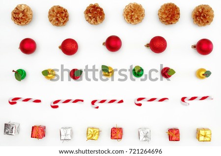 Christmas tree ornament for decorated , pine cones, gift boxes, red balls  and apple on white background.