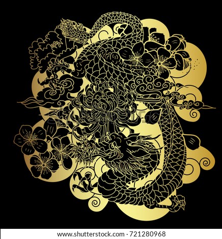 Gold pattern the dragon with tiger roaring and cherry flower.Tiger and dragon with lotus flower and peony flower on black background.Traditional Japanese culture for printing and coloring book
