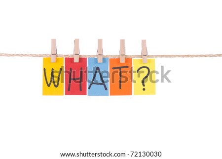 What, Colorful words hang on rope by wooden peg
