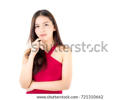 Beautiful young asian woman smiling of portrait, girl with wear red dress have a fun and happy of positive with success isolated on white background, female health model concept.