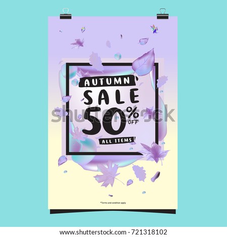 Vector autumn sale poster template with lettering. Bright fall leaves. brochure, card, label, banner design. Bright commercial background design. 