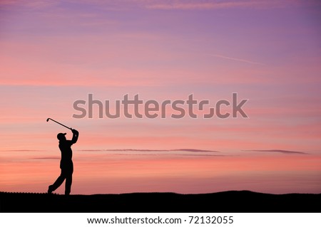 Silhouette of man playing golf on beautiful colorful sunset Royalty-Free Stock Photo #72132055