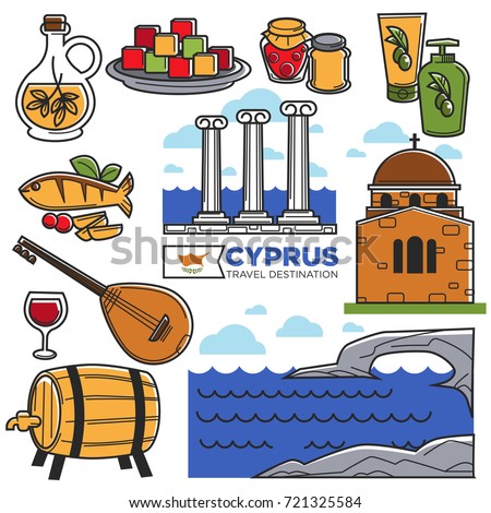 Cyprus travel landmarks symbols and tourist sightseeing vector icons