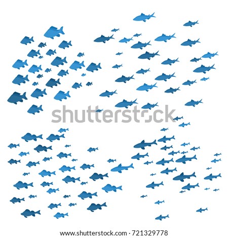 School of Fish Sea Blue Silhouettes on White Background Underwater Seascape Swimming Movement Nautical Nature. Vector illustration of Many Fishs