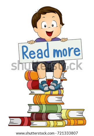 Illustration of a Kid Boy Sitting on Top of Books Holding a Read More Sign