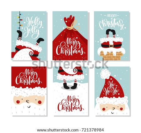 Vector Merry Christmas and Happy New Year greeting card set with cute santa claus and hand drawn lettering.