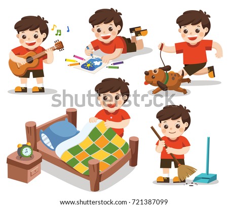 The daily routine of A cute boy on a white background.Isolated vector.
[Make a bed, Do homework , Drawing, Play guitar, Run with his dog, Clean] Royalty-Free Stock Photo #721387099