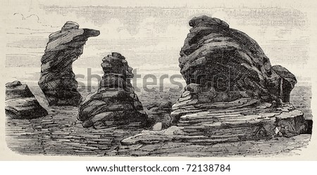 Antique illustration of granite formations in Laramie plains. Original, by unknown author, was published on L'Illustration, Jounrnal Universel, Paris, 1868