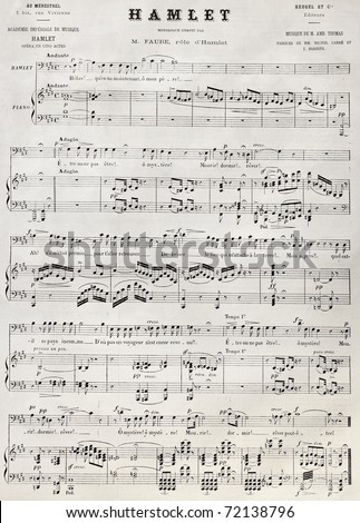 Old reproduction of Hamlet score. Heugel ed. for Academie Imperiale de Musique, published on L'Illustration, Journal Universel, Paris, 1868