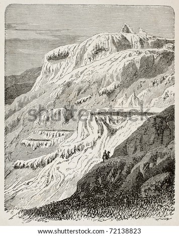 Antique illustration of petrified waterfalls of Hierapolis, nowadays Pamukkale, Turkey. Created by Hubel, published on L'Eau, by G. Tissandier, Hachette, Paris, 1873.