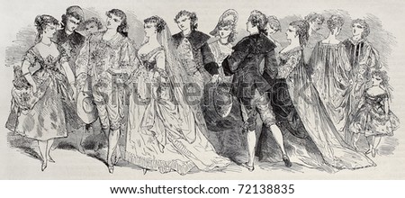 Old illustration of wedding masquerade costumes for Grand Masquerade Ball of 1868 season. Original, created by Bertall, was published on L'Illustration, Jounrnal Universel, Paris, 1868