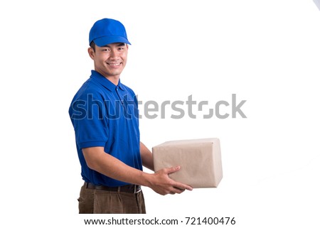 Deliveryman holding parcel, ready to deliver. Business and logistic concept.