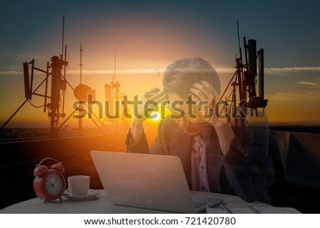 Double exposure picture between communication back shadow and businessman serious