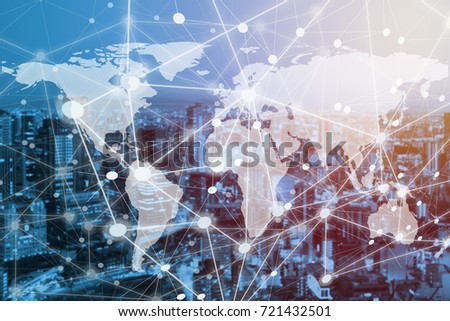 Abstract business on telecommunication network on global map and metro city background. elements of this images furnished by nasa