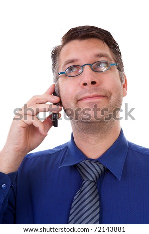 male nerdy geek on the phone over white background