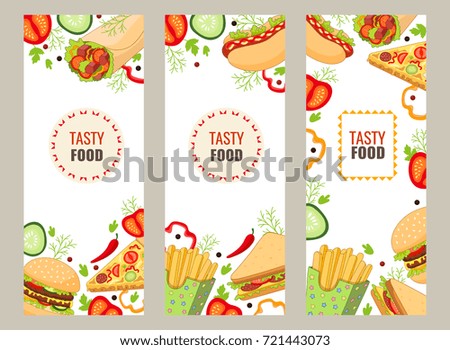 Vector fast food banner template set. burger pizza slice, roll doner kebab potato fry sandwich donut. flat cartoon isolated illustration on a white background. Mixed objects, free space for your text