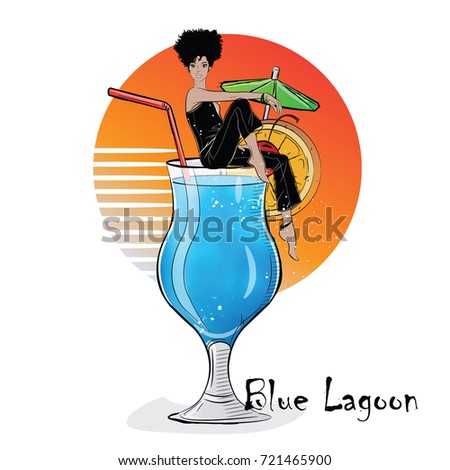 Hand drawn illustration of cocktail with girl. Blue Lagoon.