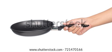 hand holding Frying pan isolated on white background